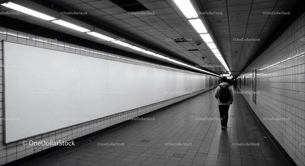 Underground Subway Tunnel with Fluorescent Lighting and Tiled Walls JPG Mockup Image
