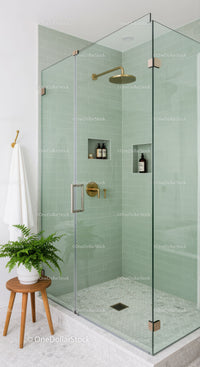 Modern bathroom shower with glass enclosure and green tiles