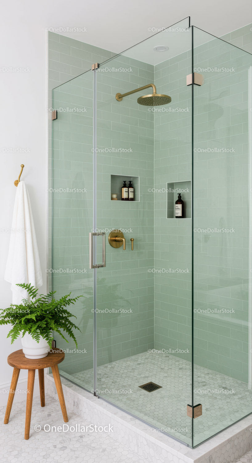 Modern bathroom shower with glass enclosure and green tiles
