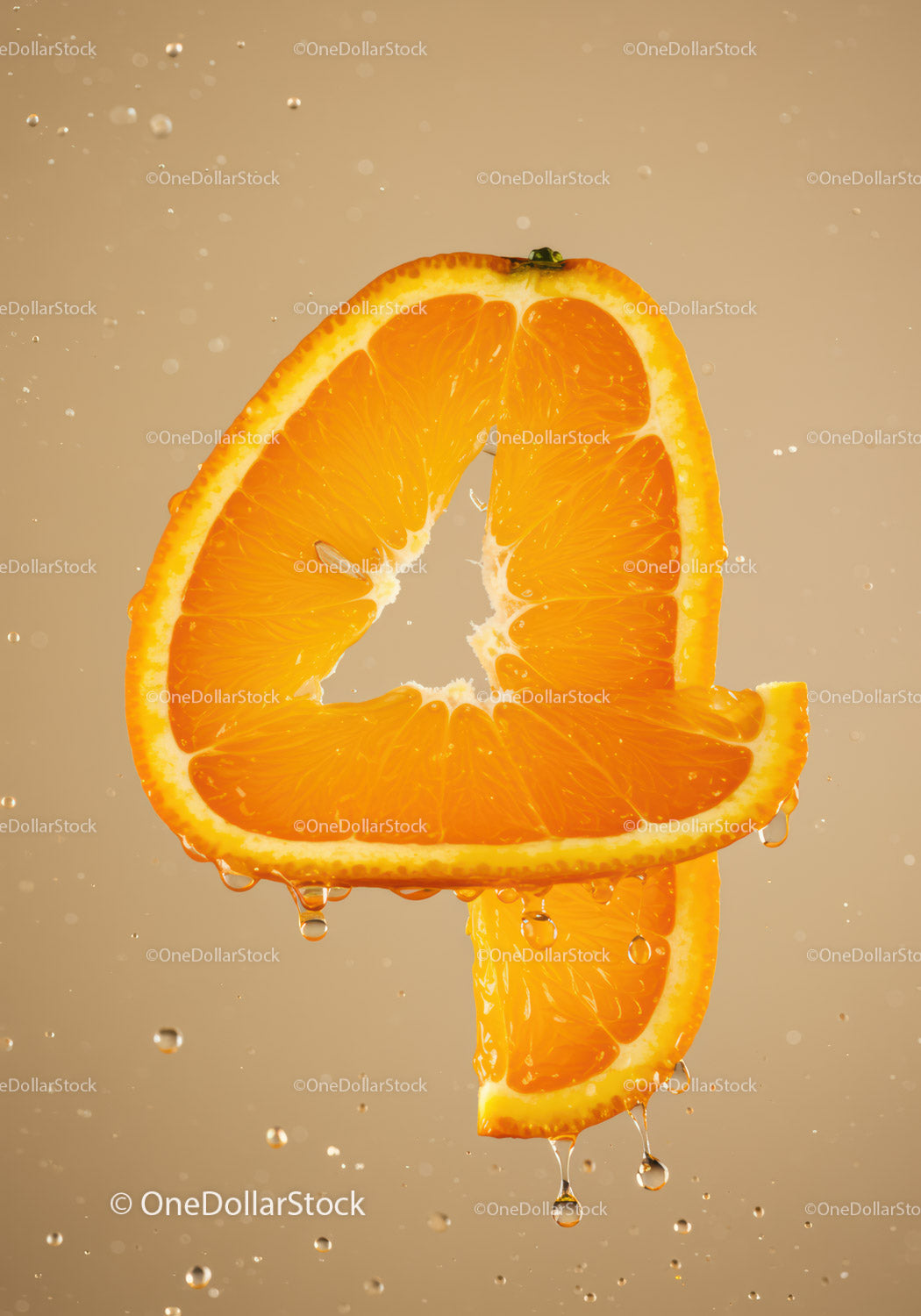 Fresh orange slice shaped like number four with water droplets