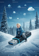 Joyful child sledding on giant USB flash drive