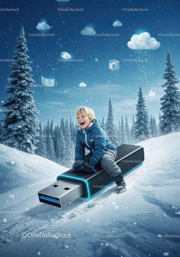 Radosne dziecko na sankach z olbrzymim pendrive'em USB