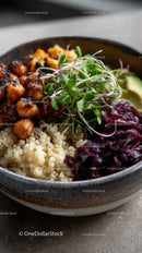 Healthy Quinoa and Roasted Chickpeas Bowl with Beetroot and Microgreens