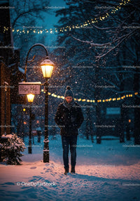 Man walking through snowy street with warm street lights