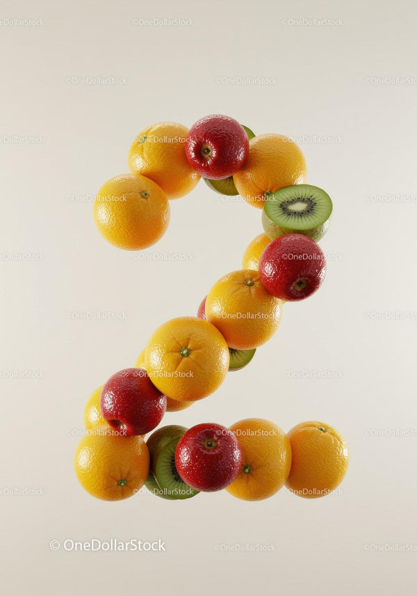 Number Two Composed of Fresh Citrus and Fruits