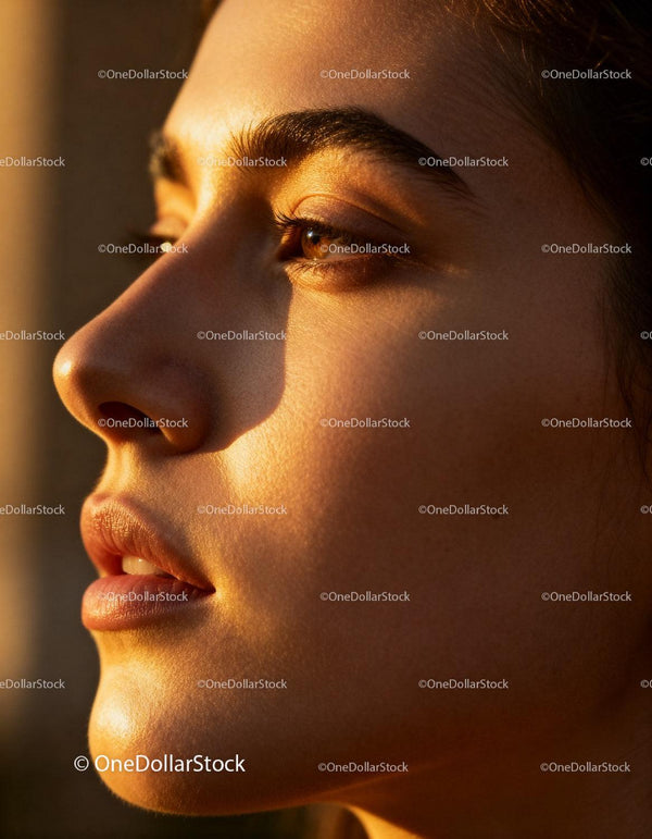 Natural close-up of a woman with warm sunlight glow