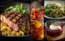 Assorted Fresh Food Collection Featuring Meat Vegetables and Dessert