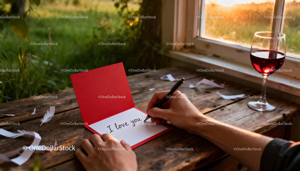Writing a heartfelt love letter by a window at sunset