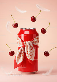 Red Soda Can with Patterned Scarf Surrounded by Cherries