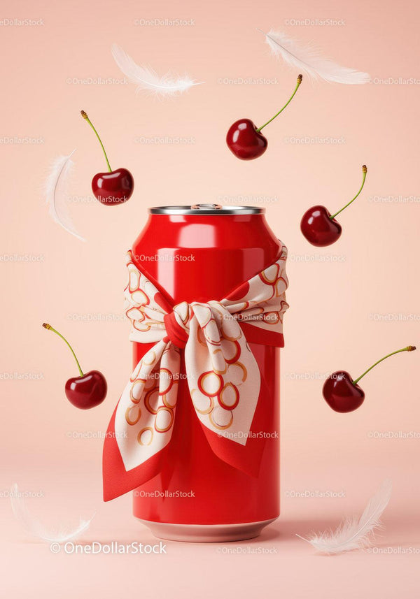 Red Soda Can with Patterned Scarf Surrounded by Cherries