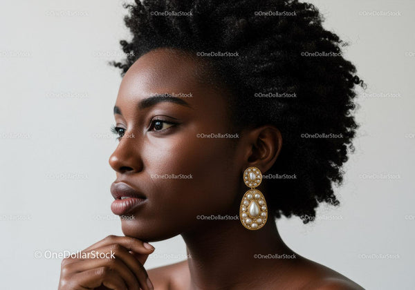 Elegant Black Woman with Luxury Pearl Earrings and Natural Makeup