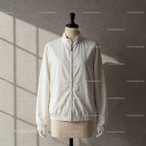 Minimalist white jacket on mannequin with soft lighting JPG Mockup Image