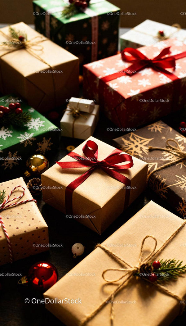 Festive wrapped Christmas presents with natural accents