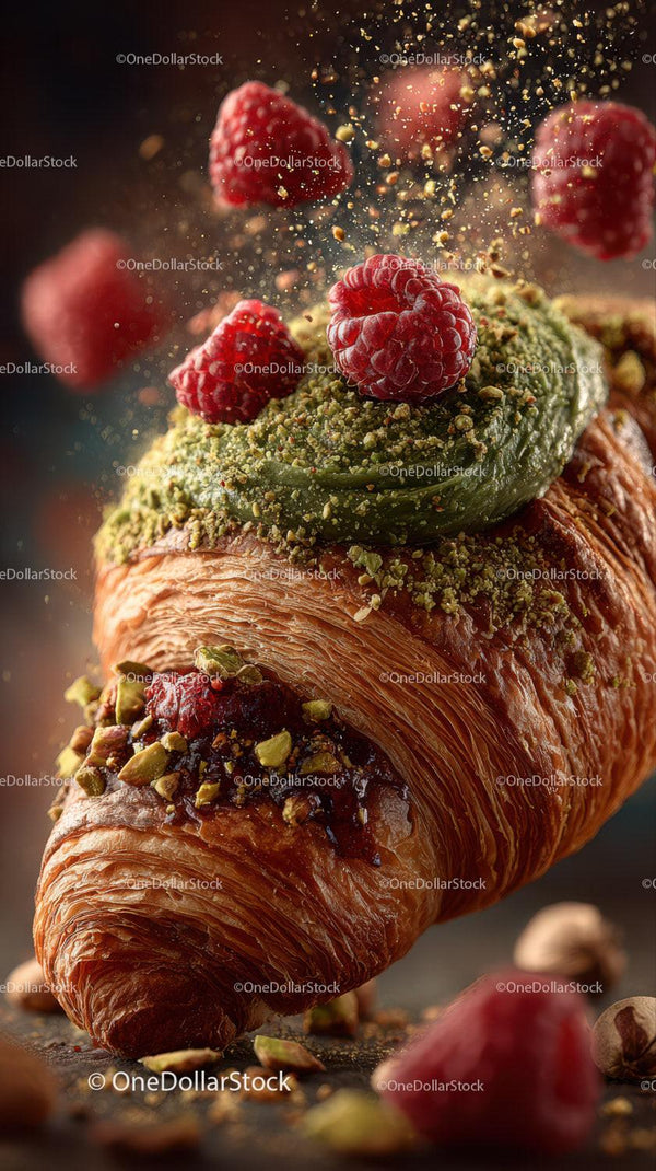Gourmet Croissant with Raspberry, Pistachios and Green Icing