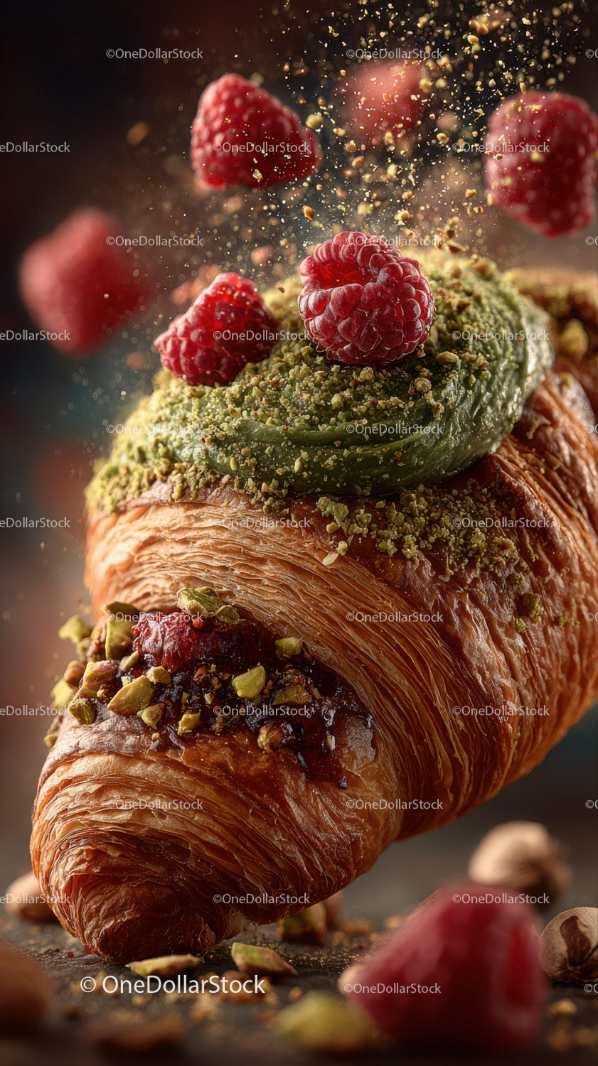 Croissant gourmet z malinami, pistacjami i zielonym lukrem
