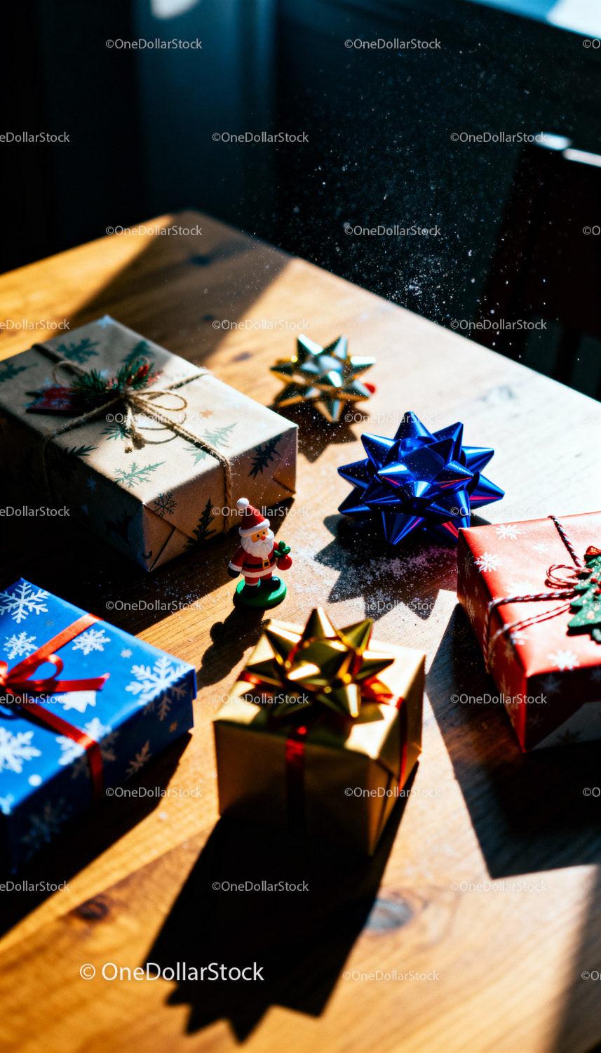 Christmas gifts with festive bows and Santa figurine