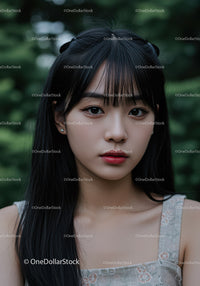 Elegant Young Woman Portrait with Black Hair in Outdoor Setting