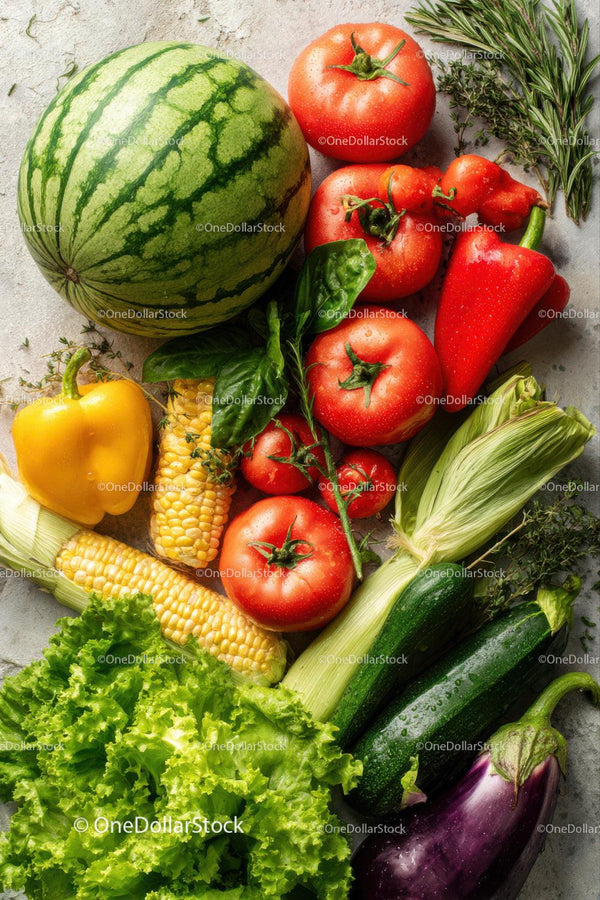 Fresh Assorted Vegetables with Watermelon and Herbs for Healthy Eating