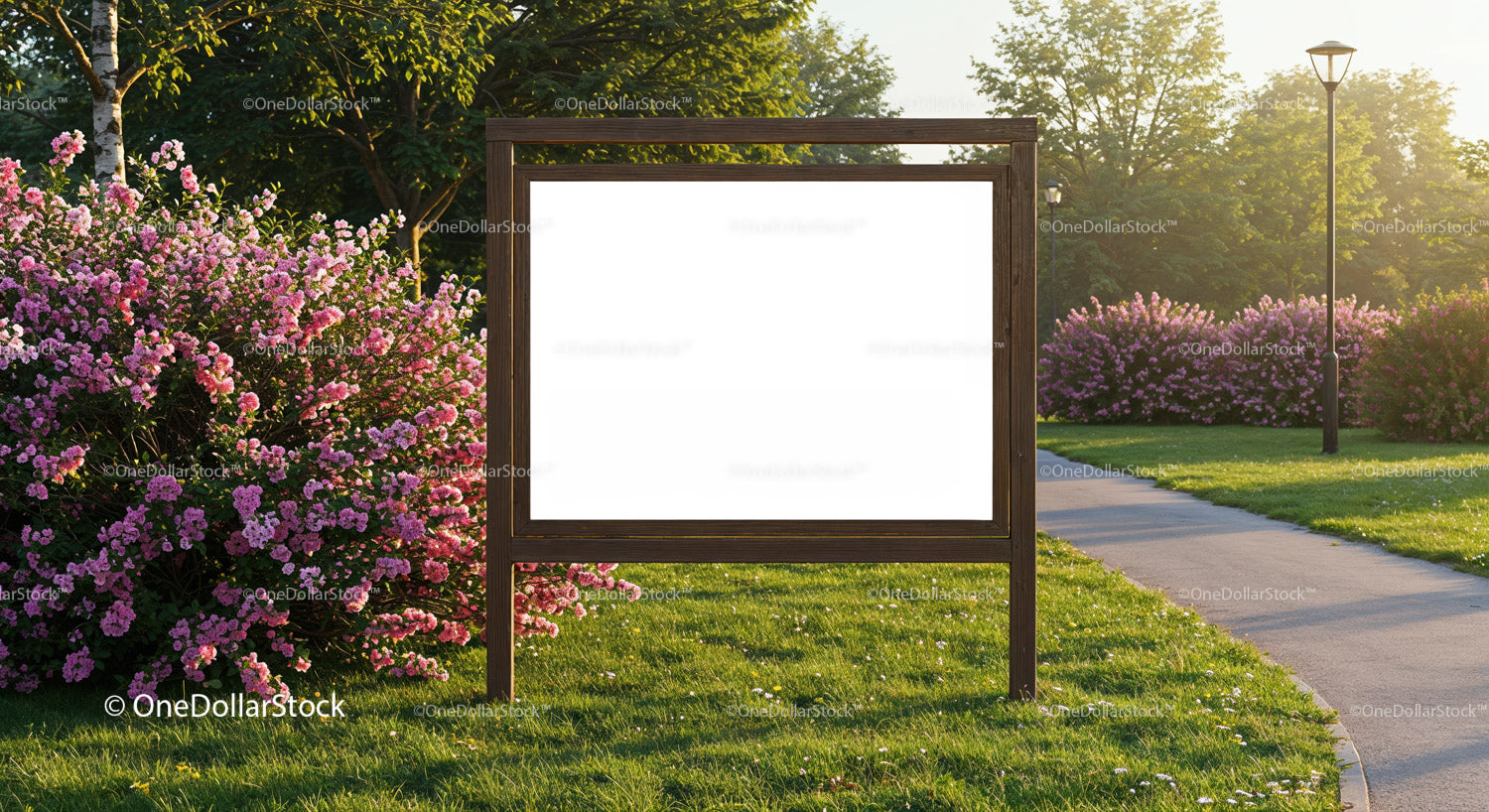 Blank wooden billboard in vibrant park with blooming flowers