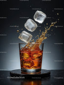 Whiskey with Splashing Ice Cubes on Dark Surface