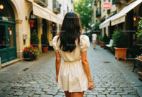 Woman in Cream Dress Walking Along Cobblestone European Street