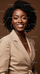 Professional Female Portrait with Natural Curly Hair in Stylish Beige Blazer
