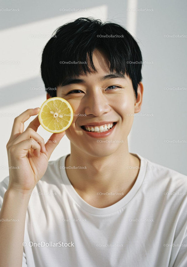 Smiling Young Man Holding Lemon Slice in Bright Setting