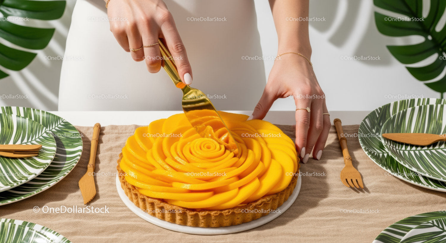 Mango Fruit Tart with Peach Slice Decoration on Elegant Dessert Plate