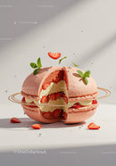 Strawberry Cream Macaron with Mint Leaves and Pearls