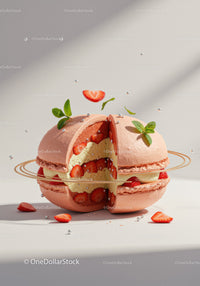 Strawberry Cream Macaron with Mint Leaves and Pearls