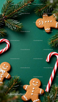 Gingerbread Cookies and Candy Canes with Pine Branches