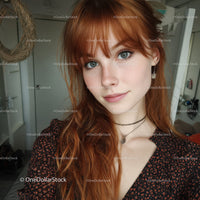 Young Woman with Red Hair and Blue Eyes in Casual Indoor Portrait