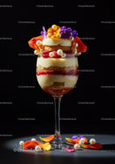 Layered dessert with fresh berries and edible flowers