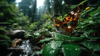 Orange and Brown Butterfly Resting on a Leaf in a Lush Forest Scene