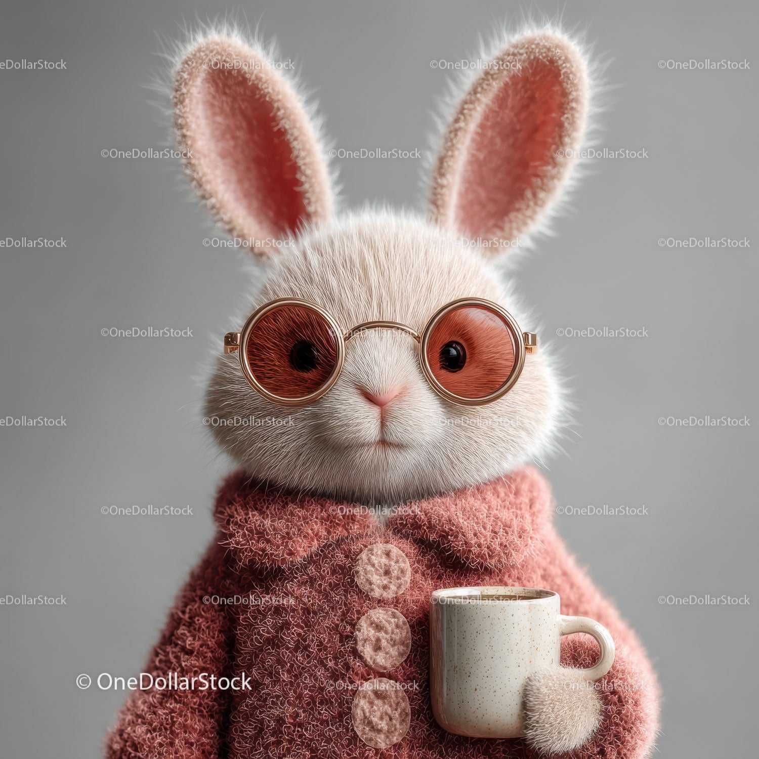 Cute Bunny Wearing Sunglasses and Cozy Pink Sweater Holding Coffee Mug