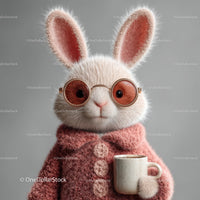 Cute Bunny Wearing Sunglasses and Cozy Pink Sweater Holding Coffee Mug