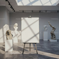 Modern art gallery with blank canvas and classic sculptures