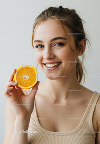 Young Woman with Bright Smile Holding Orange Slice in Natural Light