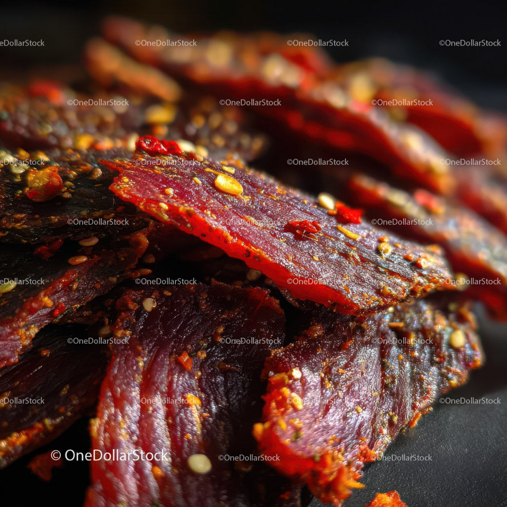 Close-up of Spicy Beef Jerky with Red Chili Seasoning