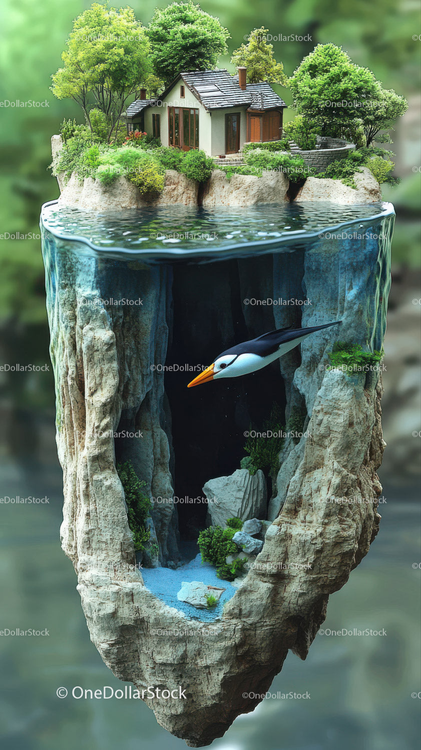 Fantasy Floating Island with House and Penguin in Water