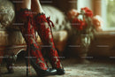 Chic Black Heels and a Red Lace Dress in a Cozy Bedroom Setting