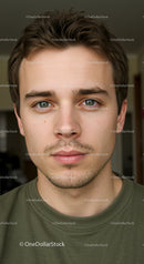 Young man with expressive blue eyes and casual style