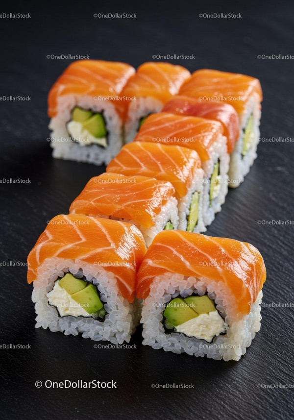 Fresh salmon sushi rolls with avocado and cream cheese