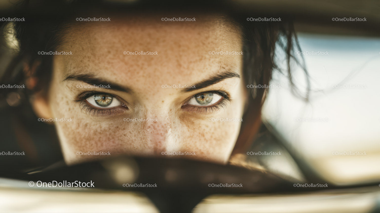 Close-up Portrait of a Young Woman with Freckles and Intense Eyes