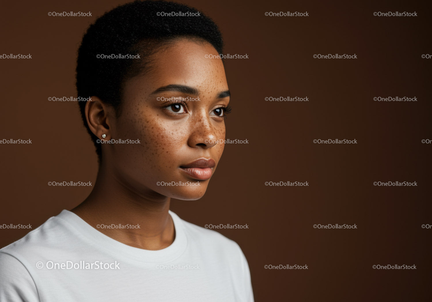 Young Woman with Freckles and Natural Beauty in Brown Background