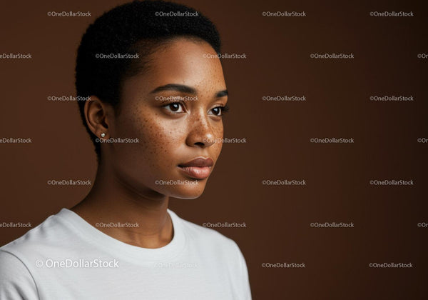 Young Woman with Freckles and Natural Beauty in Brown Background