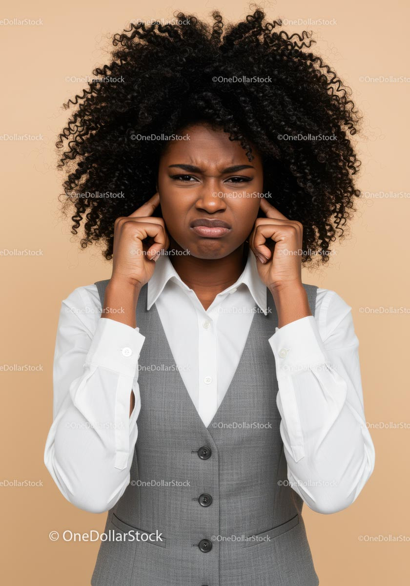 Frustrated Woman Covering Ears with Annoyed Expression