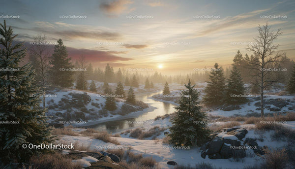 Winter River Winding Through Snowy Pine Forest