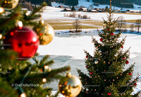 Christmas Trees with Ornaments by Frozen Lake in Winter Village
