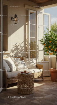 Cozy sunlit patio with wicker sofa and orange tree